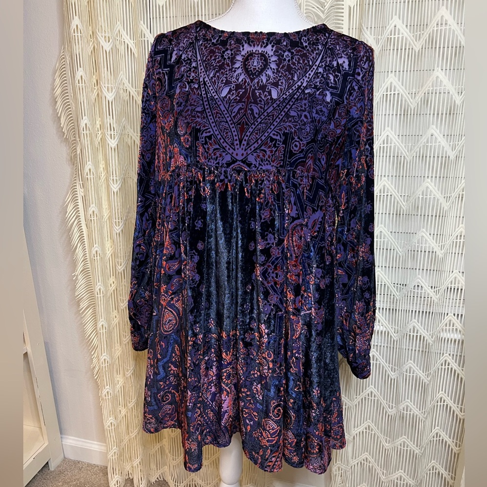Free People Velvet Paisley Burnout Long Sleeve Empire Dress Purple Pink Small
